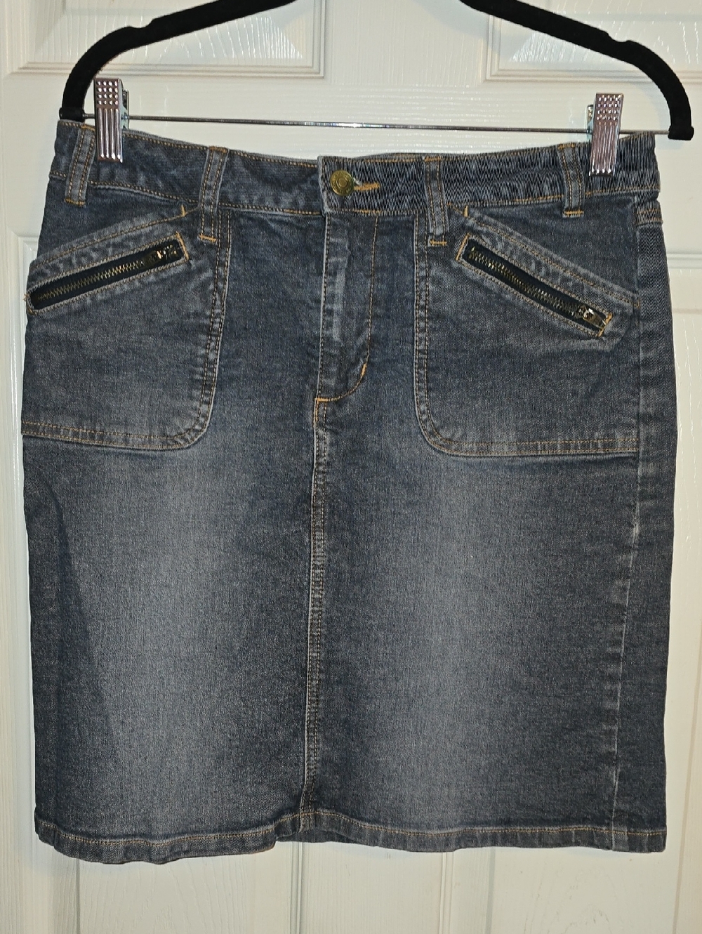 Route 66 Dark Blue Denim Midi Skirt with Front Zipper Pockets‎